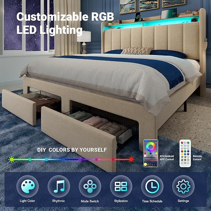 Allewie Vertical Tufted Full Size Upholstered Platform Bed Frame with 2-Tier LED Storage Headboard & 2 Storage Drawers, USB & Type-C Charging Ports, Noise-Free/No Box Spring Needed, Beige