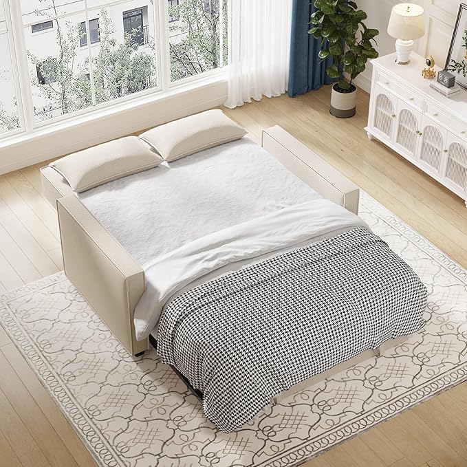 Furnimart 3-in-1 Convertible Sleeper Sofa with Pull-Out Bed, 53" Futon Couch Bed, Adjustable Backrest Loveseat for Small Spaces Beige