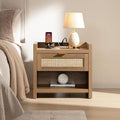SICOTAS Night Stand Bed Side Table - Rattan Nightstand with Type-C Charging Station,Drawer Storage End Table - Boho Bedside Night Stands for Bedroom - Natural Oak