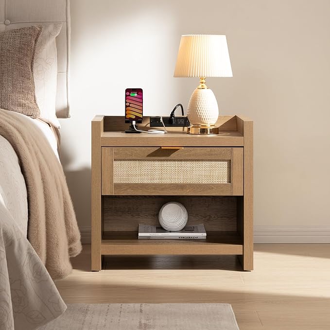 SICOTAS Night Stand Bed Side Table - Rattan Nightstand with Type-C Charging Station,Drawer Storage End Table - Boho Bedside Night Stands for Bedroom - Natural Oak
