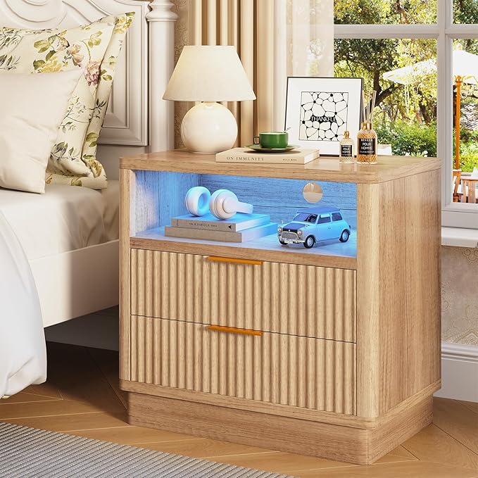 ELYKEN Wood Fluted Nightstand with Charging Station & LED Light, 24" Wide Night Stand for Bedroom, LED 2 Drawer Bedside Table with Power Outlet