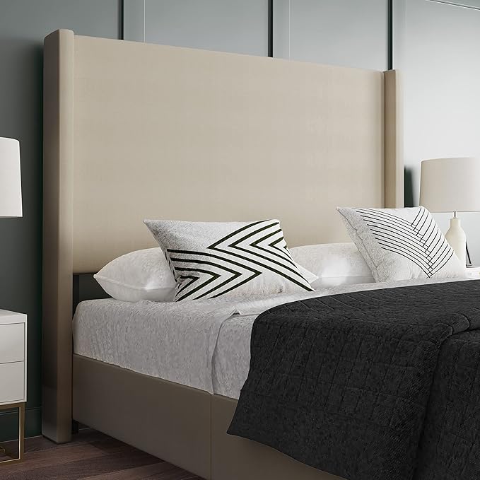 EMMA + OLIVER Nora Queen Size Faux Linen Upholstered Platform Bed with Plush Padded Wingback Headboard (No Box Spring Needed), Modern Upholstered Headboard Queen Bed Frame, Beige