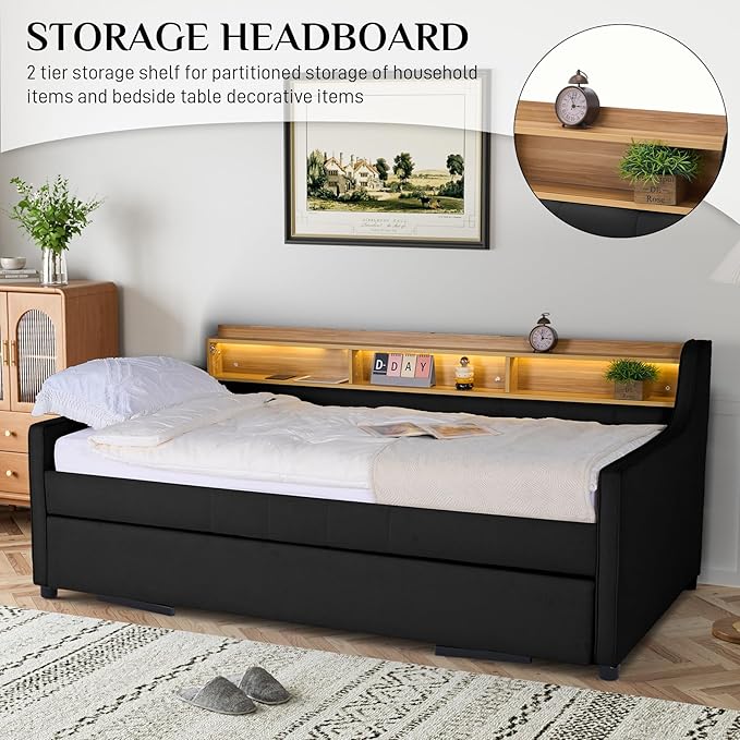 Twin Size Daybed with Pop Up Trundle Bed, Linen Fabric Upholstered Day Bed Frame with w/LED/USB/Type C/Storage Headboard, Twin to King Daybed for Living Room Bedroom, No Box Spring Needed, Black