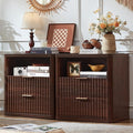 LEYAOYAO Fluted Farmhouse Nightstand Set of 2 with Charging Station, 23" Wide 2 Drawers Night Stand,Walnut Dresser for Bedroom,Bed Side Table Chest of Drawers,Wood End Table for Living Room
