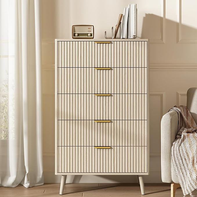 CARPETNAL Fluted 5 Drawers Dresser for Bedroom, 45" Tall Wooden Chest of Drawers with Rounded Corners, Gold Handles, Modern Storage Organizer for Bedroom, Hallway (Beige)