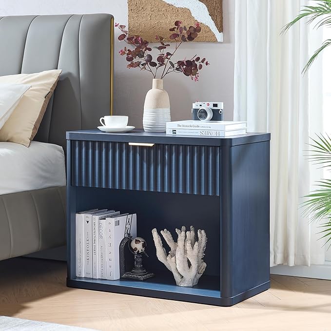LEYAOYAO 31" Wide Fluted Nightstand with Charging Station, Oversized Extra Large 1 Drawer Night Stand with Golden Handle, Blue Wood Bedside Table Tall End Tables,for Bedroom, Living Room, Hallway
