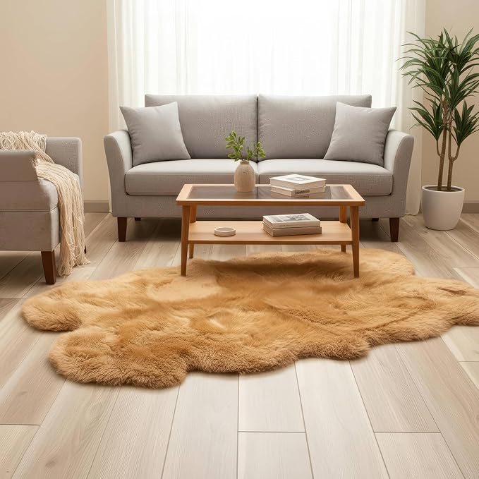 Large Sheepskin Rug for Living Room - 4x6 Light Brown Sheep Skin Rug for Bed Room - Multi Use As a Yoga Mat - All Natural Sheep Fur