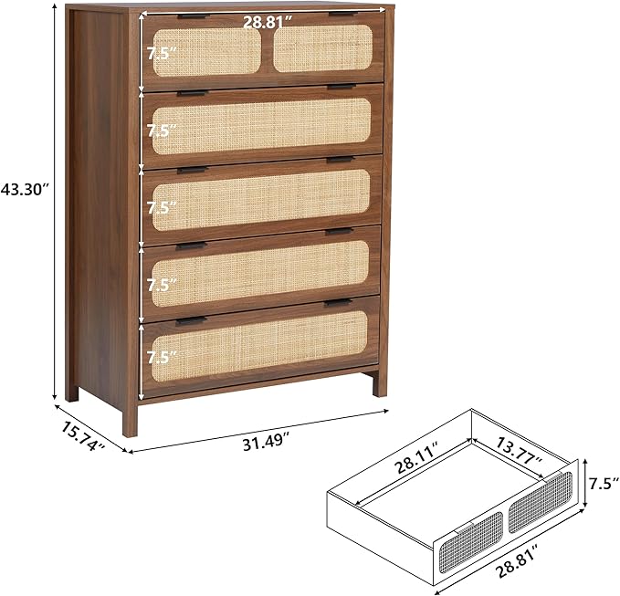 LEVNARY 5 Drawer Chest Dresser, Rattan Tall Dresser 5 Chest of Drawers Dressers for Bedroom, Wooden Storage Cane Cabinet with Metal Handles for Living Room Hallway (Walnut)