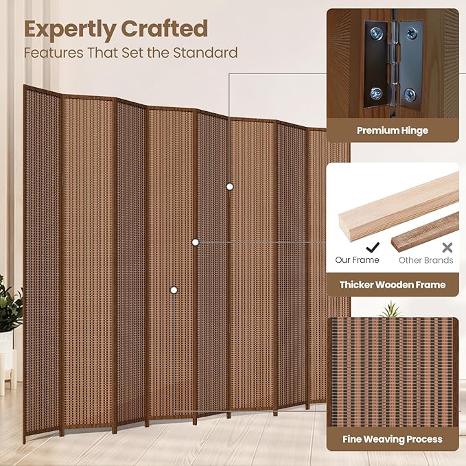 8 Panel Room Divider and Extra Wide Folding Privacy Screen, 126" W x 67" H, Bamboo Room Divider for Room Separation