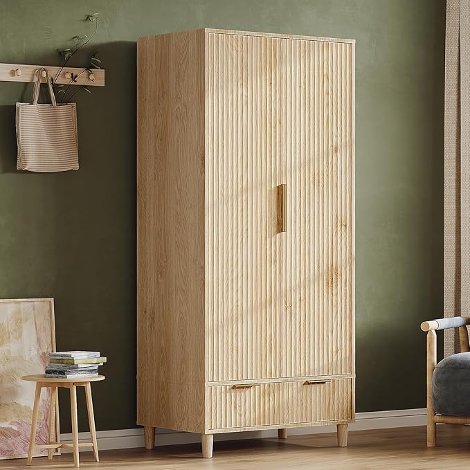 VINGLI Fluted Wardrobe Closet Armoire with Doors And Drawers, Wardrobe Cabinet with Hanging Rack, Bedroom Closet Wood, Oak Free Standing Armoire with Shelf and Solid Wood Legs, 31.5"W*19.7"D*69.3"H