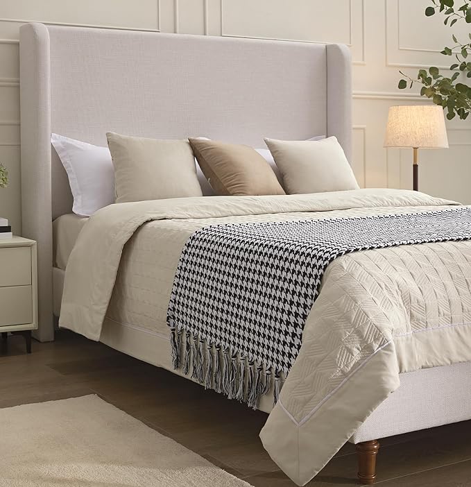 Harper Upholstered Wingback Bed Frame with 54" Extra-Tall Headboard - Modern Textured Chenille Platform Bed, Solid Oak Wood Feet, Sturdy Metal Foundation, Box Spring Required(Ivory Queen)