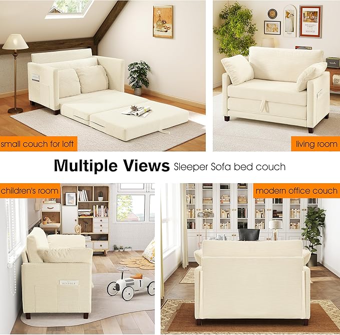 51" Loveseat Sleeper Sofa Bed, Corduroy Convertible Floor Sofa Bed for Small Spaces, Folding Couch Bed with Deep Seat, 2 Pillows & Solid Frame, Pull Out Floor Couch for Living Room, Beige
