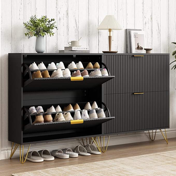 Shoe Cabinet with 2 Flip Drawers, Fluted Black Shoe Storage Cabinets, Hidden Shoe Cabinet Storage for Entryway Slim, Modern Freestanding Shoe Rack Organizer, Black