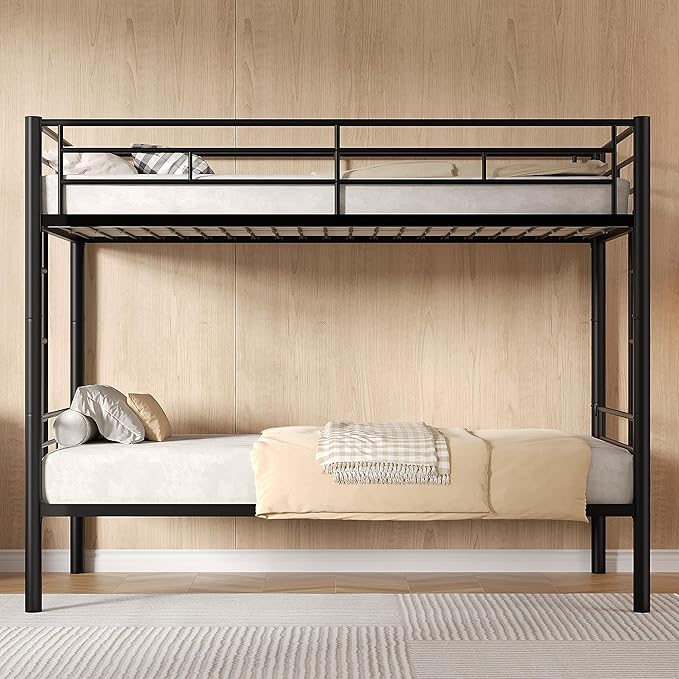 VECELO Bunk Bed Twin Over Twin, Metal Bunkbeds with Ladder and Full-Length Guardrail, No Box Spring Needed, Space Saving, Noise Free, Black