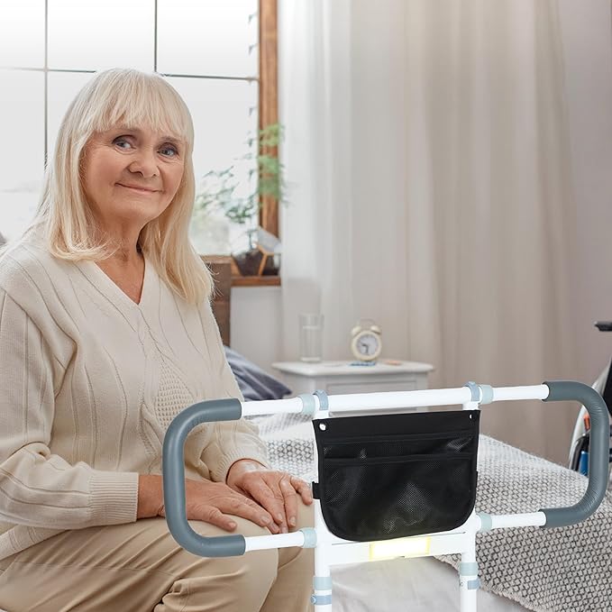 Bed Rails for Elderly Adults Safety - Elderly Assistance Products, Bedrails for Rlderly Adults Grab Bar Bed Handrails, Bed Rail with Pocket, Motion Sensor Light Fits King, Queen, Full, Twin (White)