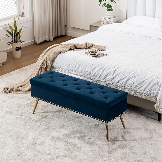 Velvet Storage Bench with Gold Legs& Nailhead Trim, 46" Wide Upholstered Modern Bedroom Bench for End of Bed, Tufted Ottoman for Entryway Living Room Dining Room (Navy Blue, 46" Wide)