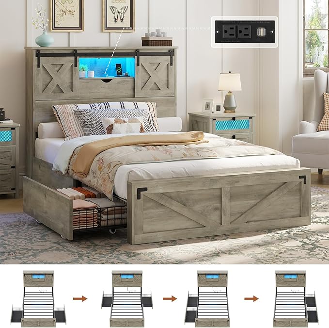 Hasuit Farmhouse Bed Frame Twin XL Size with 2 Storage Drawers, Wooden Platform Twin XL Bed with LED Lights and Charging Station, Rustic Headboard with Sliding Barn Door Storage Cabinets (Rustic Oak)