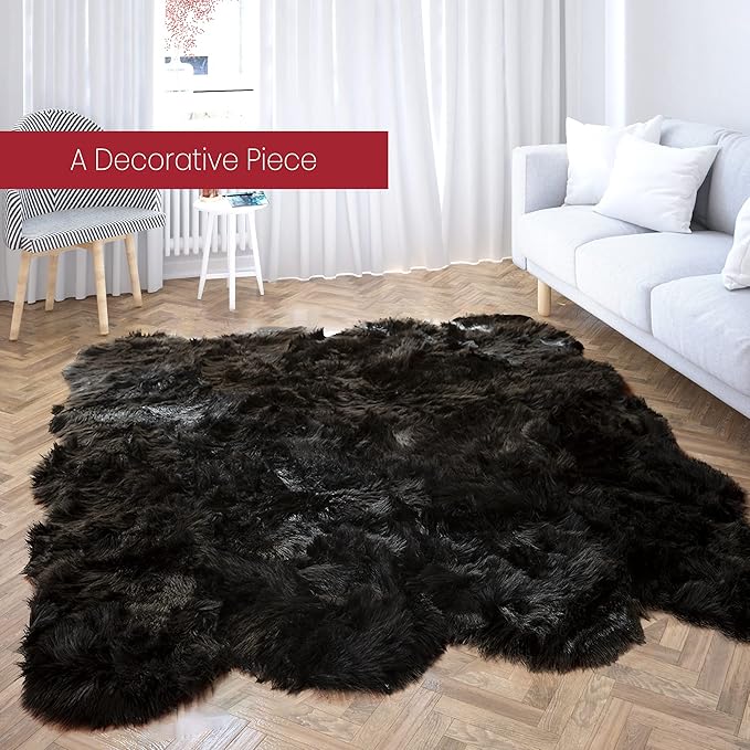 Silky Soft Faux Fur Rug, 5 ft. x 7 ft. Black Fluffy and Shaggy Sheepskin Area Carpet for Living Rooms, Bedroom, Kid's Room, or Nursery, Home Décor Accent, Machine Washable with Non-Slip Backing