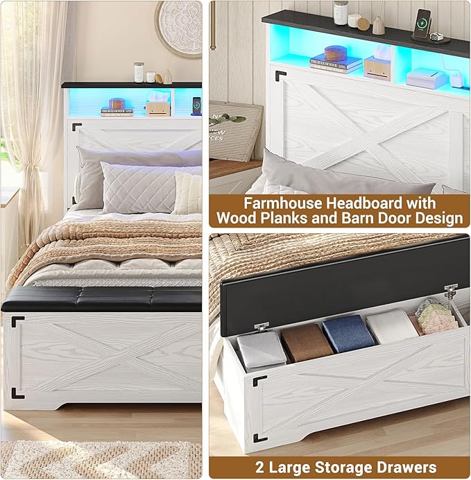 Hasuit Queen Size Bed Frame with Storage Ottoman, Farmhouse Bed Frame with Charging Station and Led Light, Headboard with Storage Rack, Metal Slats, No Noise Design, No Box Spring Needed,Walnut White