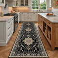 Area Rugs 3'x9' Washable Non-Slip, Floral Vintage Distress Print Pattern Medallion Carpet for Living Room Bedroom Dining Room, Black Brown Neutral Dark Tan