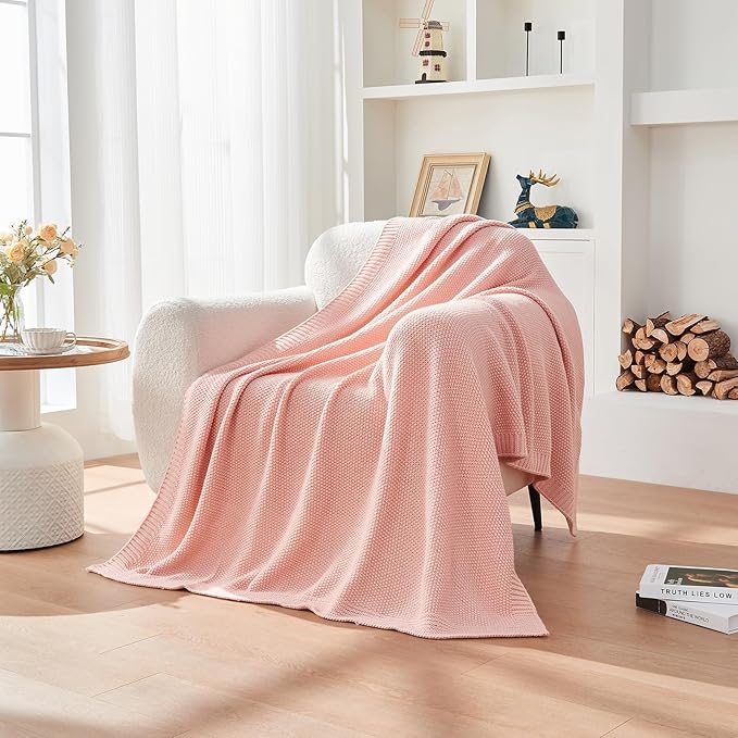 CozeCube Pink Throw Blanket for Couch, Soft Cozy Cable Knit Throw for Bed Sofa Living Room, Lightweight Warm Decorative Farmhouse Christmas Blanket, 50"x60", Pink