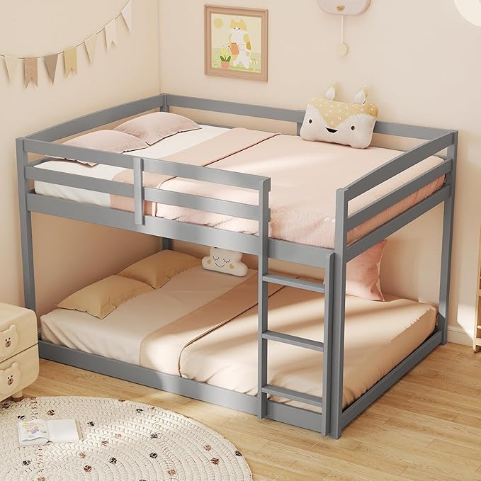 KOMFOTT Low Bunk Bed Full Over Full, Solid Wood Full Bed Frame with Built-in Ladder & Safety Guardrails, No Box Spring Needed, Space-Saving Low Bunk Bed for Kids & Teens