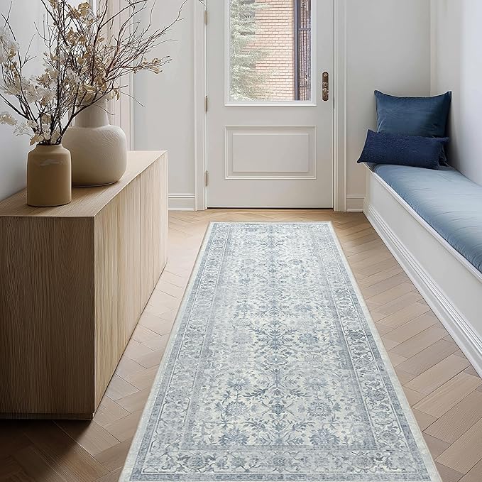 FMFUNCTEX 2x6 Runner Rug Blue Vintage Neutral Washable Distressed Non Slip Low Pile Indoor Carpet Soft Retro Floral Hallway Entryway Rug for Kitchen Living Room Bedroom Bathroom Laundry Entry Bedside