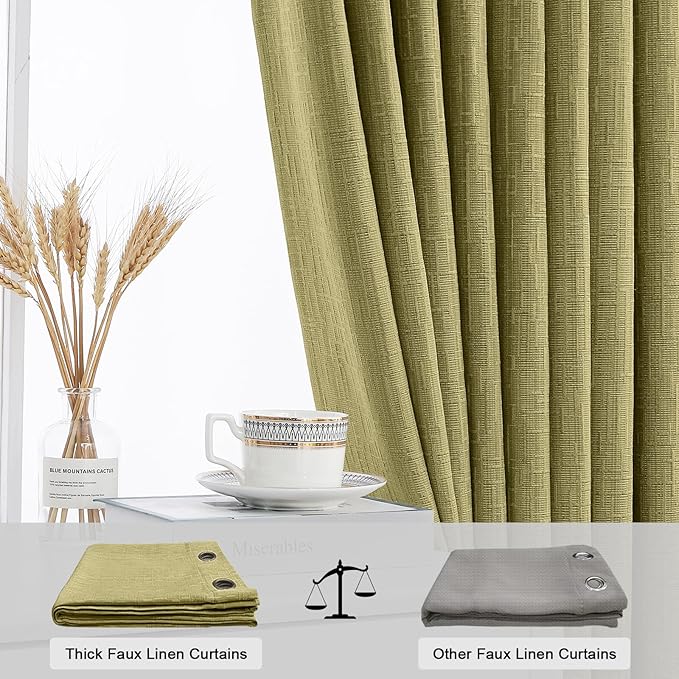 Jacquard Linen Curtains 108 inch Length 2 Panels Thick Faux Linen Blended Window Drapes Burlap Textured Curtains with Grommet for Living Room Bedroom Farmhouse (52x108 Olive Green) Natural