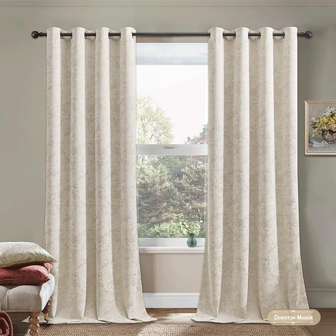Beauoop Beige Floral Jacquard Blackout Curtains 108 Inches Long 2 Panels for Bedroom Living Room Taupe Flower Chenille Room Darkening Thermal Soundproof Grommet Window Treatments Drapes 52x108