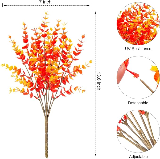 HyeFlora Artificial Fall Flowers Faux Mums for Outdoor Indoor Garden Home Decoration, Faux Flower Daisy with Eucalyptus Leaves Fake Plants Greenery Boxwood Porch Patio, 12 Bundles (Orange Eucalyptus)