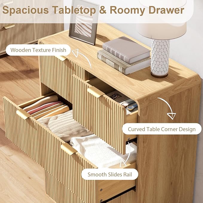 QUW Fluted Dresser for Bedroom with 5 Drawers, Modern 40.2" Tall Drawer Dressers with Metal Handle, Wooden Chest of Dresser for Living Room, Hallway, Natural Oak