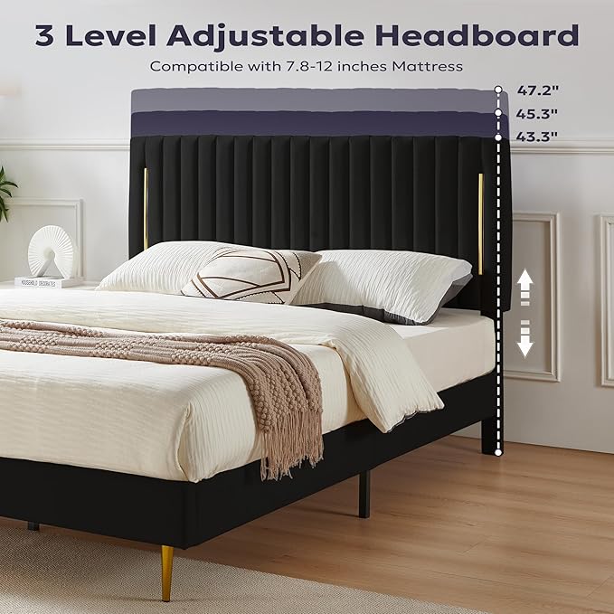 Twin Platform Bed Frame, Velvet Upholstered Bedframe with Vertical Channel Adjustable Headboard, Golden Plating Trim, Mattress Foundation with Wooden Slats, No Box Spring Needed, Black