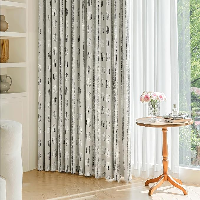 100% Boho Blackout Curtains 90 Inches Long for Bedroom, Black on Beige Patterned Bohemian Curtains for Living Room, Geometric Striped Thermal Insulated Window Drapes Gromment Top 2 Panels