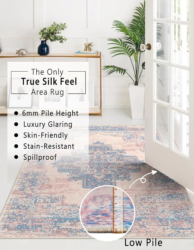 vivorug Runner Rug 2x10 Machine Washable Rug with Non-Slip Backing, Ideal for Kitchen Hallway Entryway Laundry Room - Vintage-Inspired, Durable, Easy Clean, Low Pile Carpet Runner, Pink
