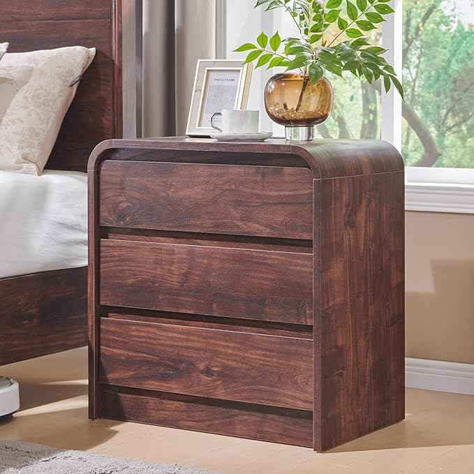25" Tall Modern Nightstand Set of 2, 23.6" Wide Wood Bedside Table with Charging Station, 3 Storage Drawers Side Table w/Curved Profile Design,End Table for Bedroom, Living Room, Brown