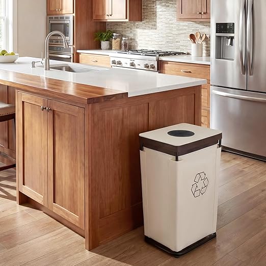 StorageWorks Recycling Bin with Lid, 29Gal Large Recycling Bin for Kitchen, Indoor Recycling Bins with 2 Reusable Washable Bags for Bottles and Cans, Steel Frame Fabric Sorter, 110L, Beige