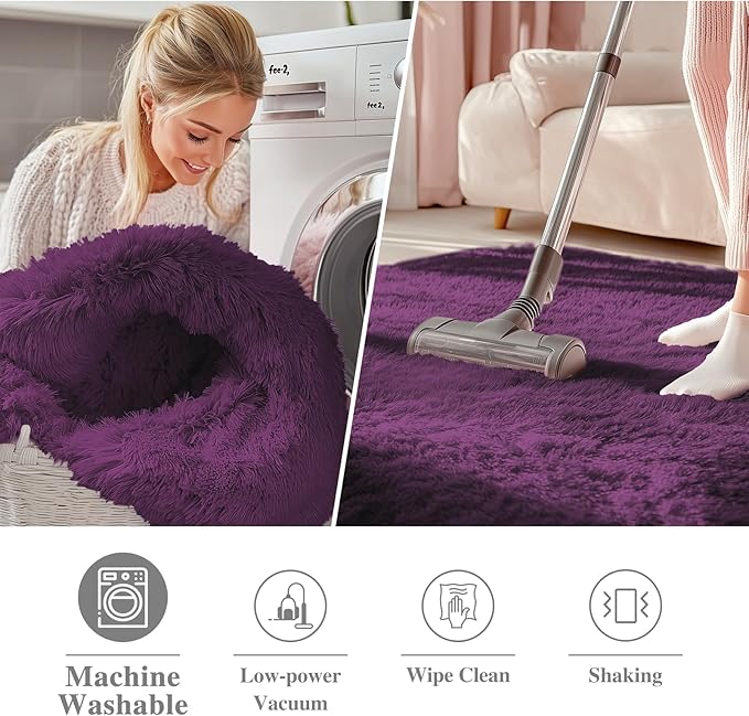 OLANLY Dark Purple Round Rugs for Bedroom - Machine Washable, 3 ft Circle Area Rugs for Living Room, Soft and Fluffy Shaggy Carpet for Teen Girl and Boys, Nursery Rooms, Dorms, Home Decor Aesthetic