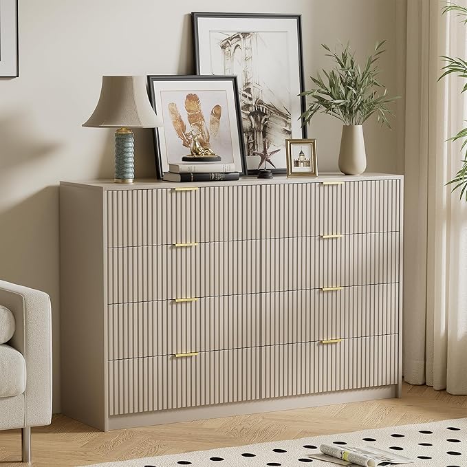 Beige Dresser for Bedroom, Modern Dresser with 8 Drawers and Smooth Slides, Wide Chest of Drawers with Golden Handles for Bedroom, Closet, 15.7" D x 55" W x 37.4" H