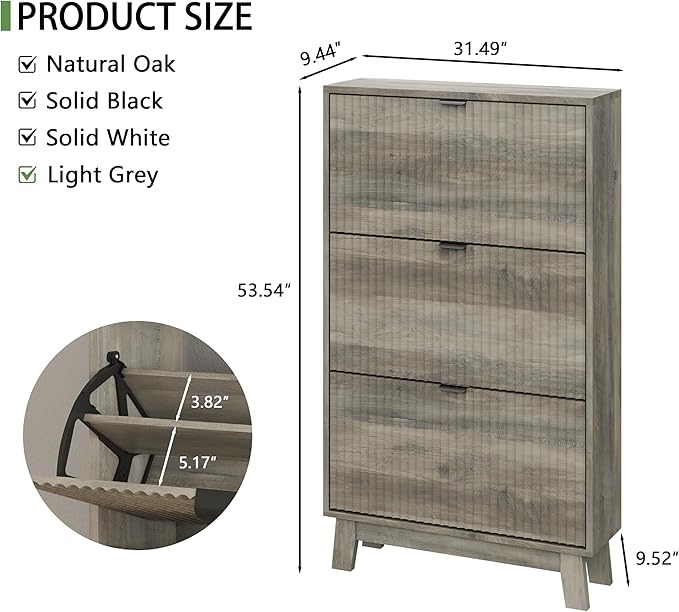Shoe Cabinet with 3 Flip Drawers, 54" Tall Narrow Fluted Shoe Storage Organizer for Entryway, Hidden Slim Wooden Shoe Rack Cabinet for Front Door Entrance, Hallway, Living Room, Light Grey