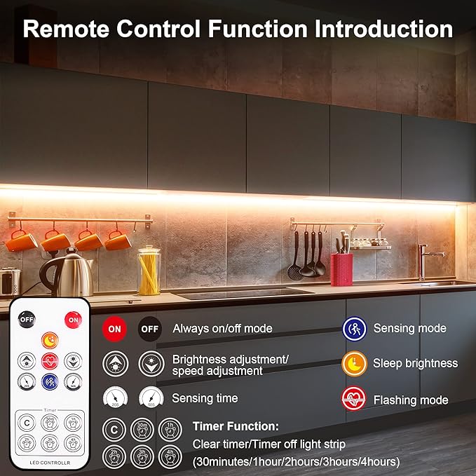 LAFULIT 10 PCS Under Cabinet Lights Kit, Motion Sensor LED Strip Lights with Remote, Dimmable and Timer Warm White Counter Lights for Kitchen Cabinets, Cupboards, Closets, Stairs, Shelf, Desk, and Bed