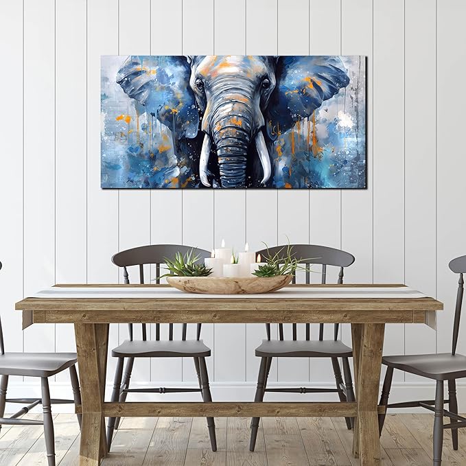 ENTANUB Elephant Wall Art for Bedroom, Animal Canvas Wall Art for Living Room, Blue Picture Print, Size 48x24 Inches