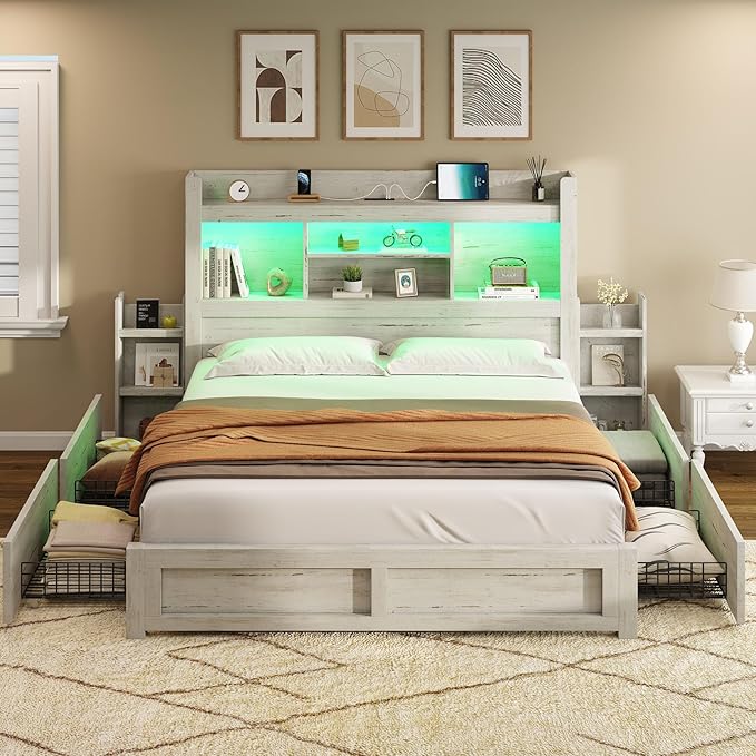 AMERLIFE Full Bed Frame with 4 Storage Drawers, LED Bed Frame with 49.6" Tall Bookcase Headboard, Wood Platform Bed with Charging Station & 2 Slide Bedside Shelf, No Box Spring Needed/Distressed White