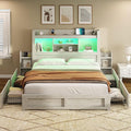 AMERLIFE Queen Bed Frame with 4 Storage Drawer, LED Bed Frame with 49.6" Tall Bookcase Headboard, Wood Platform Bed with Charging Station & 2 Slide Bedside Shelf, No Box Spring Needed/Distressed White