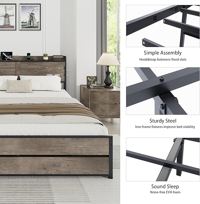 King Size Wooden Bed Frame with 12 Storage Drawers and Headboard, Farmhouse Platform Bed Frame with Charging Station, No Box Spring Needed, Stable and Solid, Noise Free. (Oak, King)