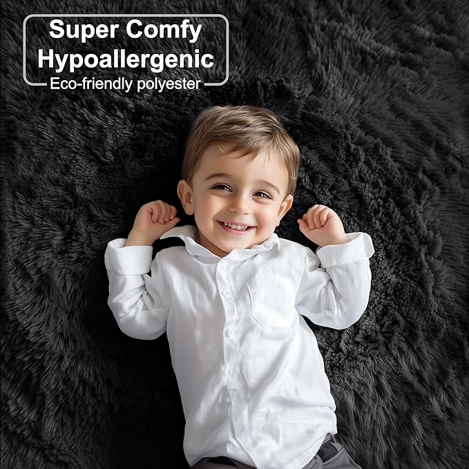 PAGISOFE Fluffy Shaggy Washable Area Rug for Living Room 5x8 Ft,Soft Fuzzy Rugs for Bedroom Shagg Carpet for Kids Girls Boys Dorm Room Furry Rugs for Nursery Playroom Fluffy Toddler Room Rug Black