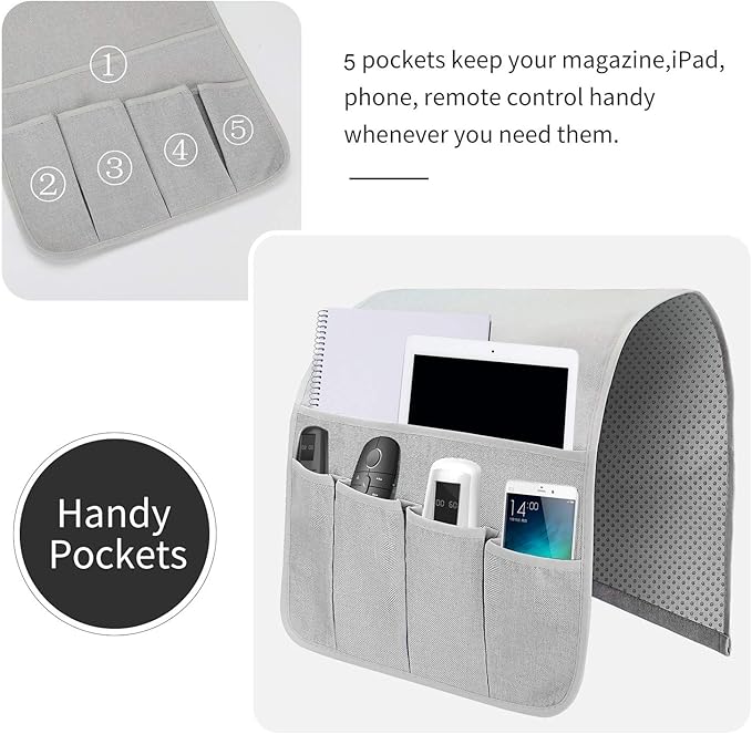 SYSOV Sofa Armrest Organizer, Remote Control Holder for Recliner Couch, Arm Chair Caddy with 6 Pockets for Magazine, Tablet, Phone, iPad (Silver Gray, W13'' x L33'')