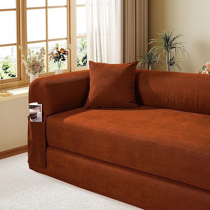 Convertible Futon Sofa Bed,80" Folding Pull Out Couch Bed with Storage,Queen Sleeper Sofa Bed,Compressed Couch in a Box,Corduroy Boneless Couches for Living Room,Orange