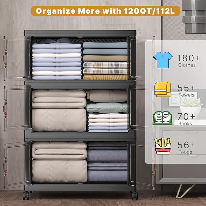 Extra Large Stackable Storage Bins with Lids & Wheels, Foldable Plastic Storage Bins (Dark, 165QT-55QT/14GAL*3Pack)