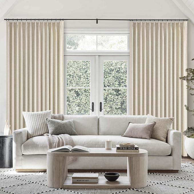 Topfinel Extral Wide Curtains, Cream Pinch Pleated 100% Blackout Linen Luxury Drapery with Hooks for Patio Sliding Door Large Window Living Room Track System, 72" Wx102 L 1 Panel
