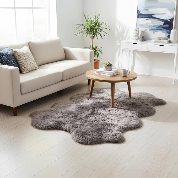 Premium Gray Sheepskin Rug Genuine Quad 4x6ft Pelt Fluffy Fur Rug for Living Room